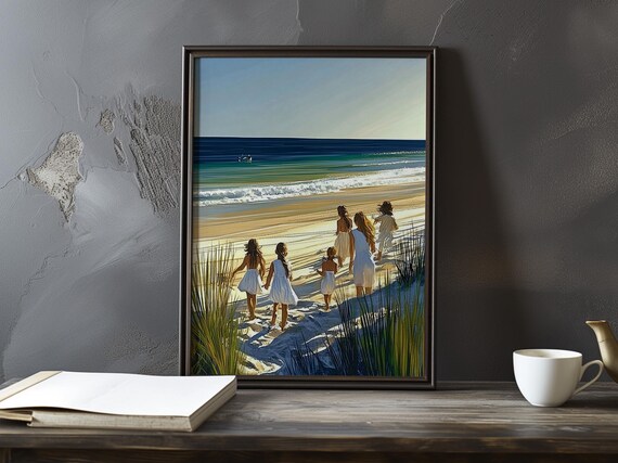 Girls In White Dresses Running Down Dunes To The Beach Poster