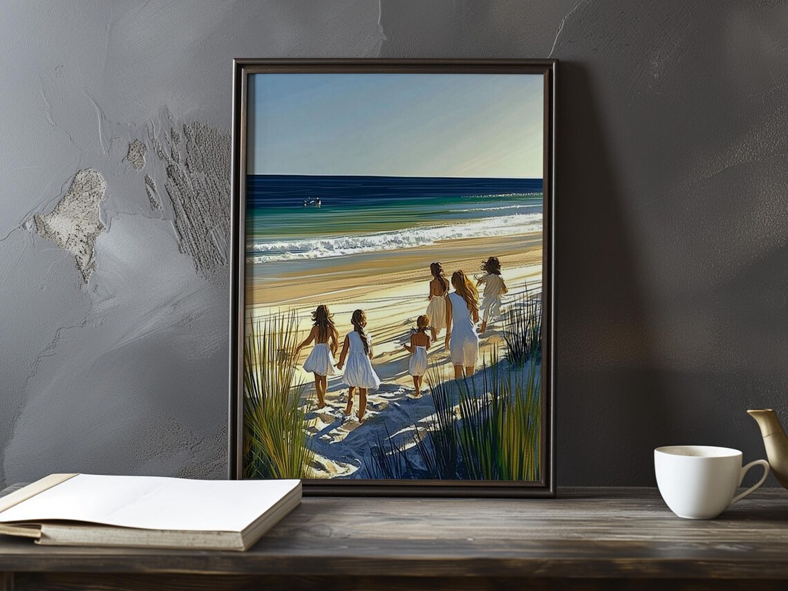 Girls In White Dresses Running Down Dunes To The Beach Poster