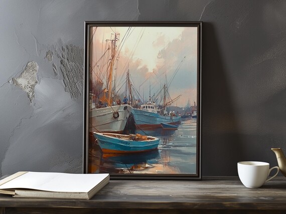 Blue Fishing Boats Moored in a Hazy Twilight Harbour Scene Art Poster