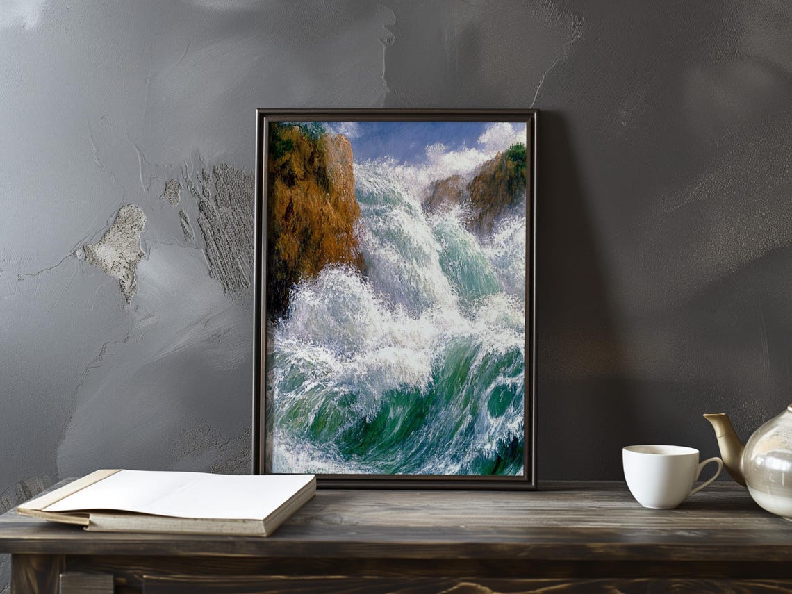Turquoise Water Cascading Between Golden Cliffs Dramatic Ocean Poster