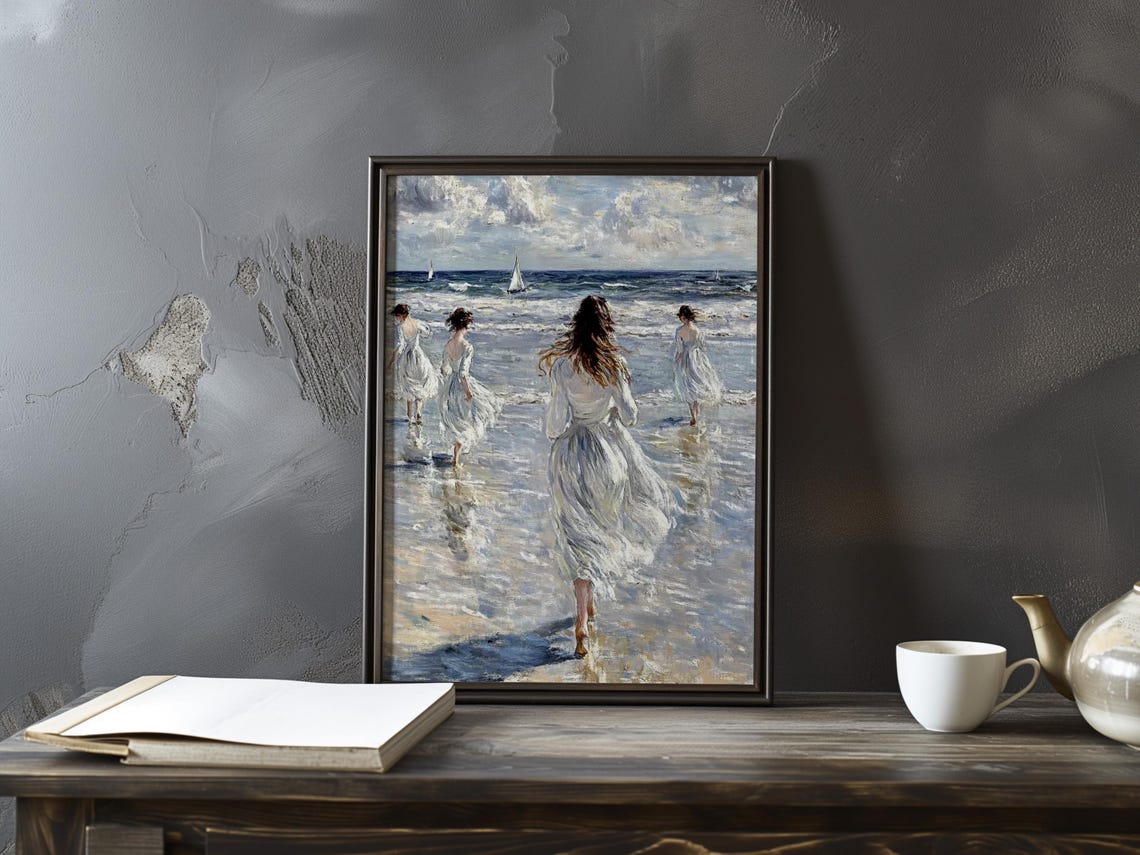Women in White Dresses Walking into the Ocean Surf Art Poster