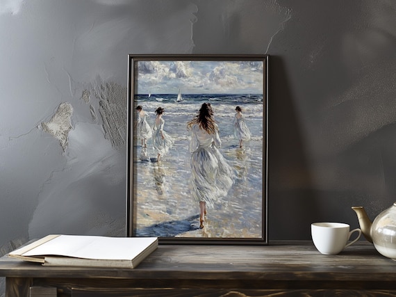 Women in White Dresses Walking into the Ocean Surf Art Poster