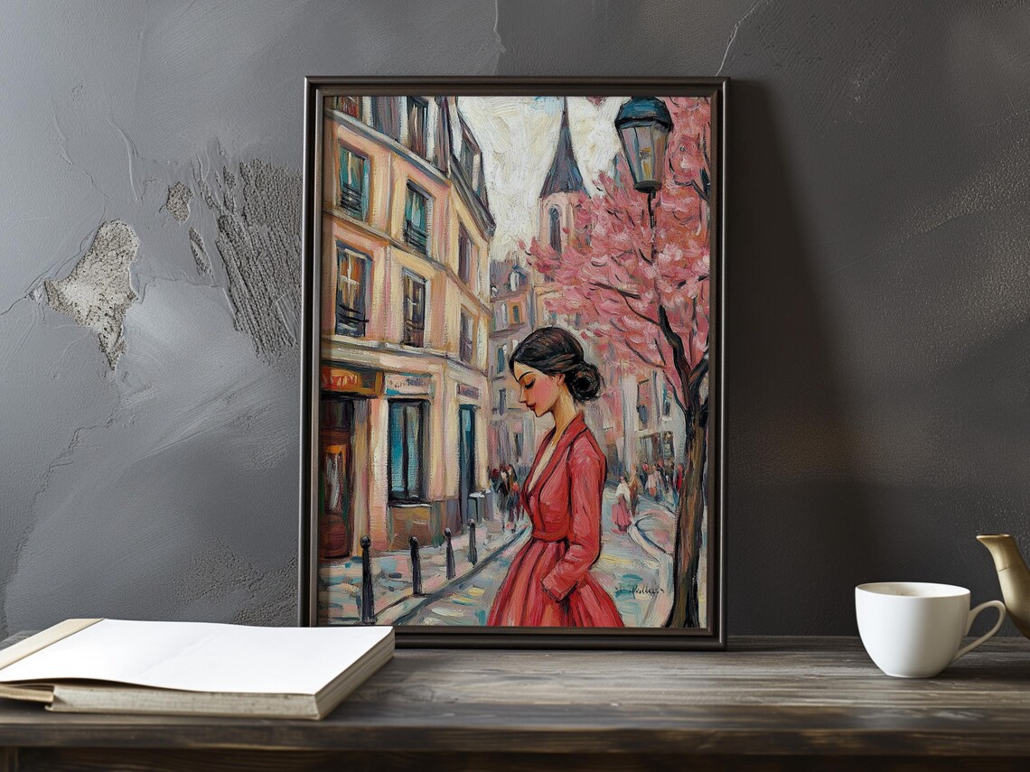 Woman in Red Dress Standing on a Blossom Lined Parisian Street Poster