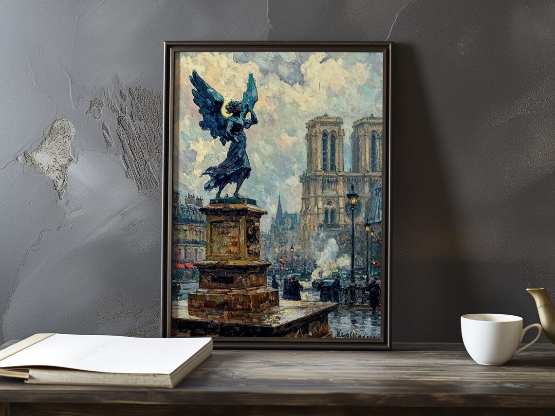 Winged Angel Statue Before Notre Dame Cathedral in Paris Poster