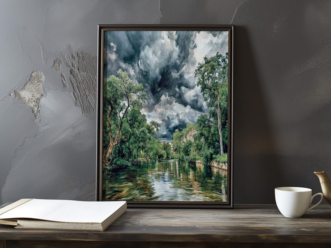 Swirling Tempest Clouds Over a Tree-Lined River Impressionist Poster