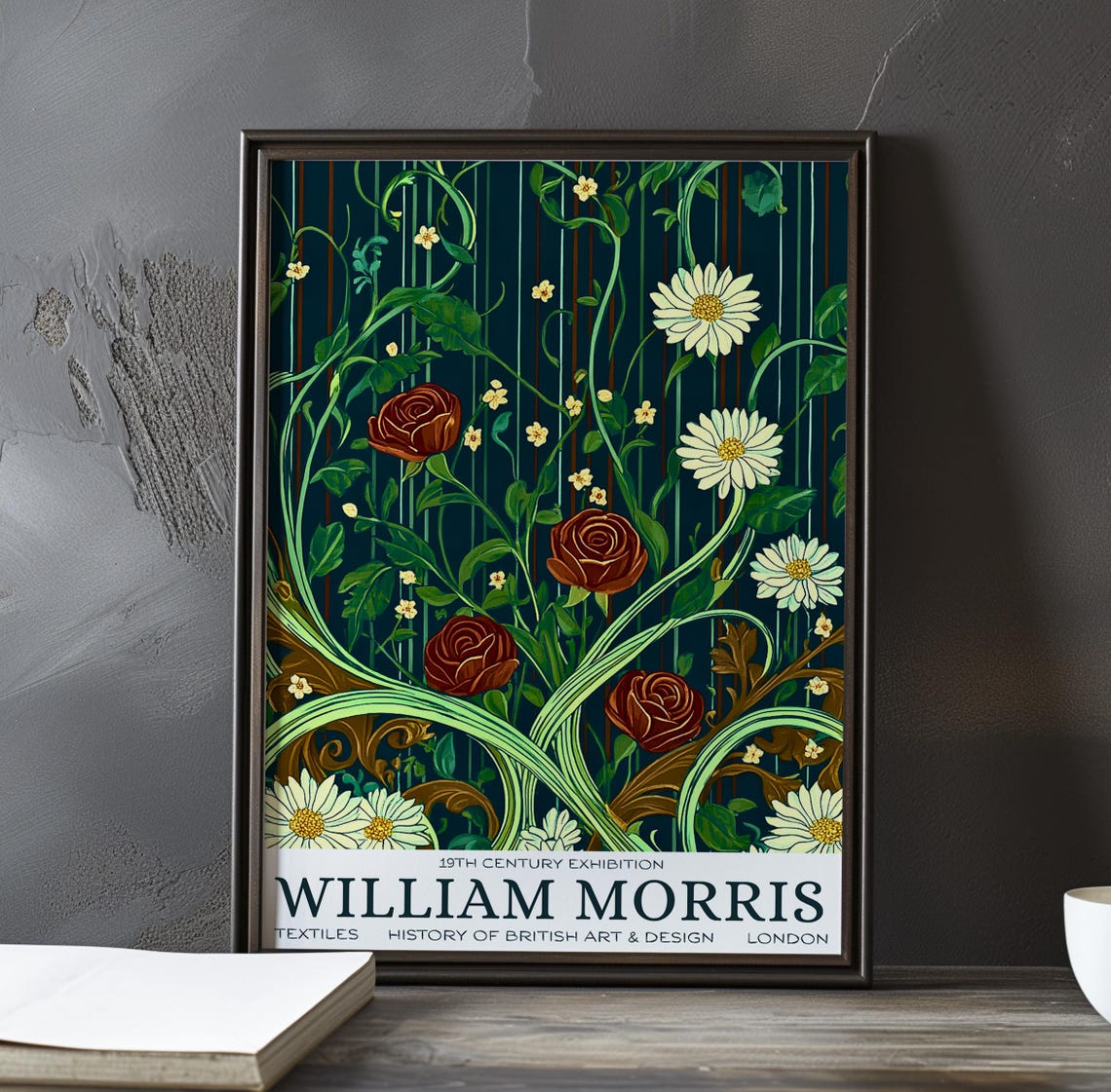 William Morris Red Rose White Daisy Pinstripe Exhibition Poster