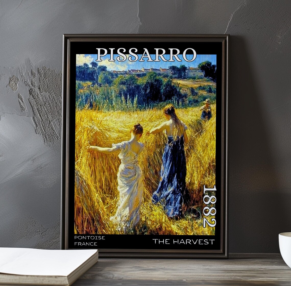 Pissarro 1882 The Harvest Two Women Gathering Wheat Farmhouse Poster