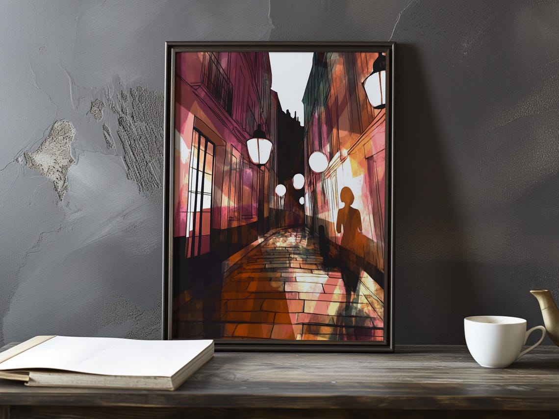 Magenta Night Street Wet Cobblestones Lone Silhouette Art Poster