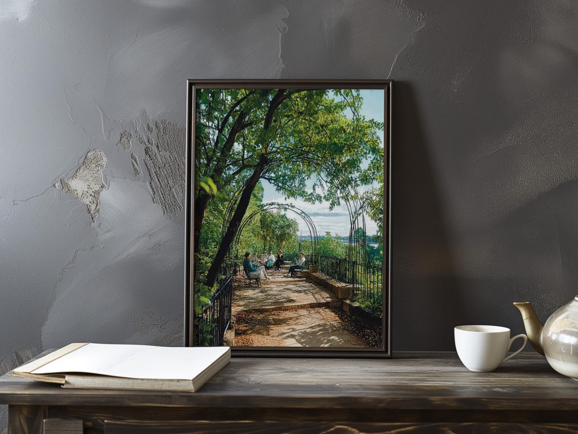 Garden Arch Trellis Walkway with Benches Impressionist Art Poster