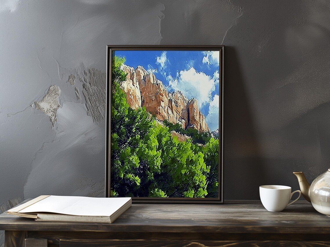 Cezanne-Inspired Orange Rock Cliff Rising Over Forest Poster