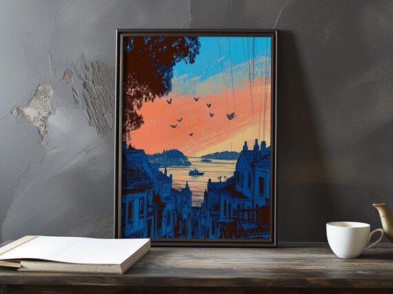 Steep Street to the Sea at Sunset with Birds Bold Blue Art Poster