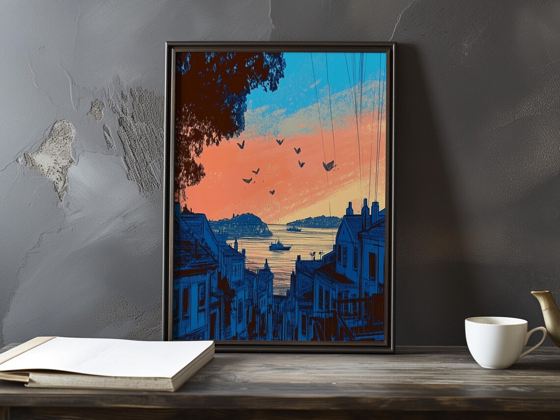 Steep Street to the Sea at Sunset with Birds Bold Blue Art Poster