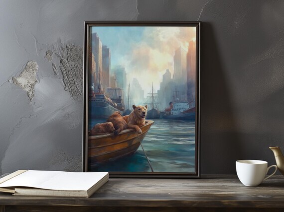Whimsical Lioness Lounging in a Boat in the Harbor Art Poster
