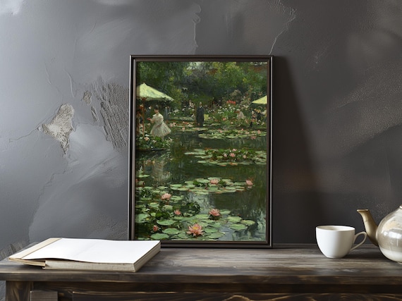 Impressionist Garden Pond Gathering Parasol Lady Water Lilies Poster