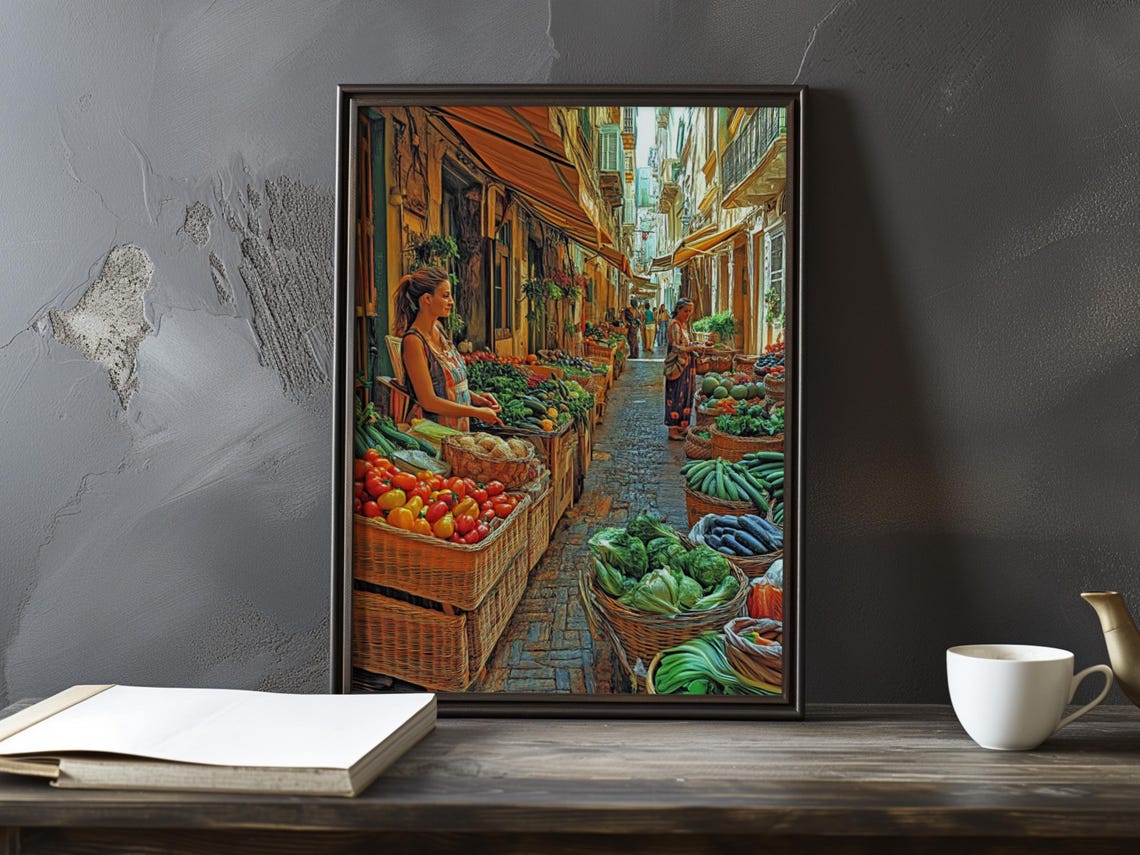 Vegetable Market Stall with Young Woman Cobblestone Street Poster