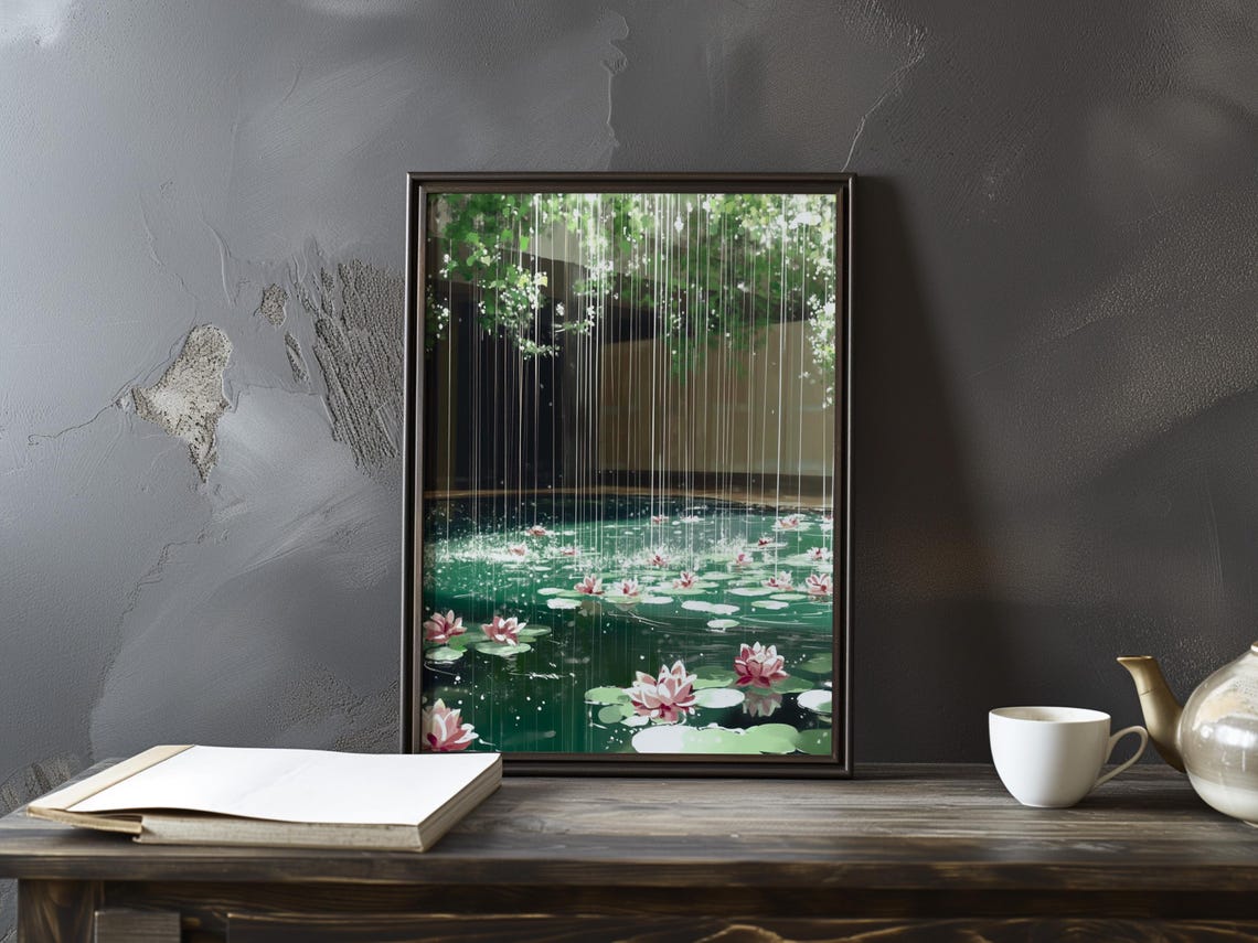 Dark Rain Pond Pink Water Lilies Light Beams Ethereal Botanical Poster