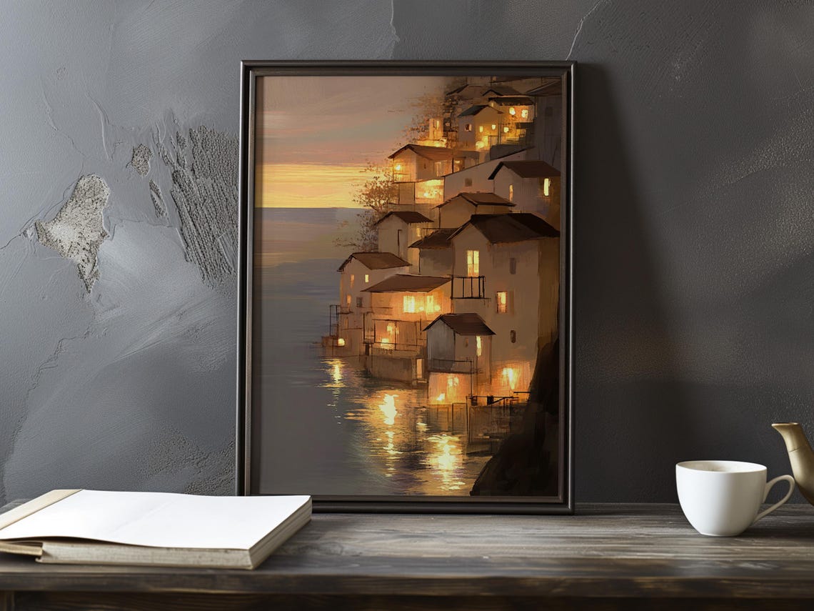Hillside Seaside Village At Dusk With Warm Lit Windows Poster