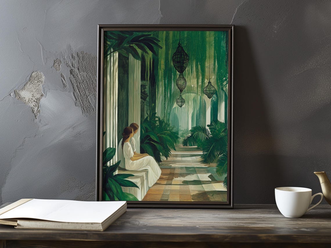 Two Women in White by Stone Columns in Tropical Garden Poster