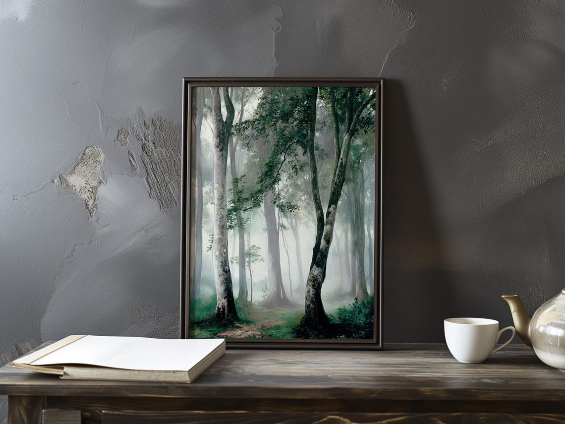 Misty Birch Grove with Pale Trunks and Soft Green Haze Vintage Poster