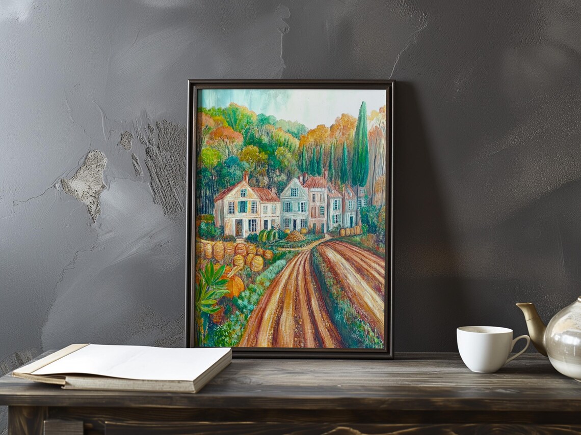 Country Road with Hay Bales Leading to Village Houses Art Poster