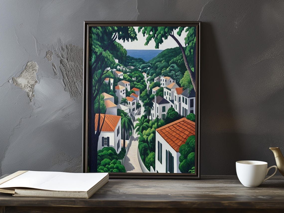 Hillside Village White Houses Orange Roofs above the Sea Poster
