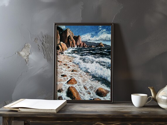 Foamy Waves Washing a Pebble Beach by Red Cliffs Seascape Art Poster