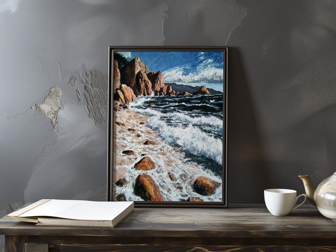 Foamy Waves Washing a Pebble Beach by Red Cliffs Seascape Art Poster