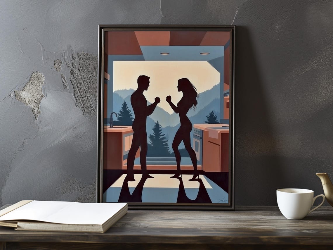 Silhouette Couple Sparring in Kitchen with Mountain View Poster