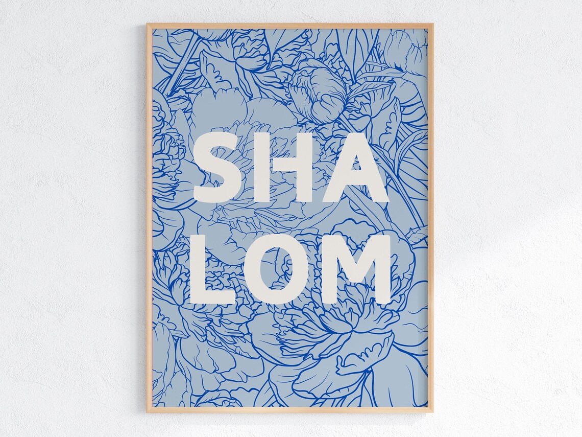 Shalom White Lettering Blue Peony Floral Line Art Christian Poster