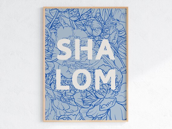 Shalom White Lettering Blue Peony Floral Line Art Christian Poster