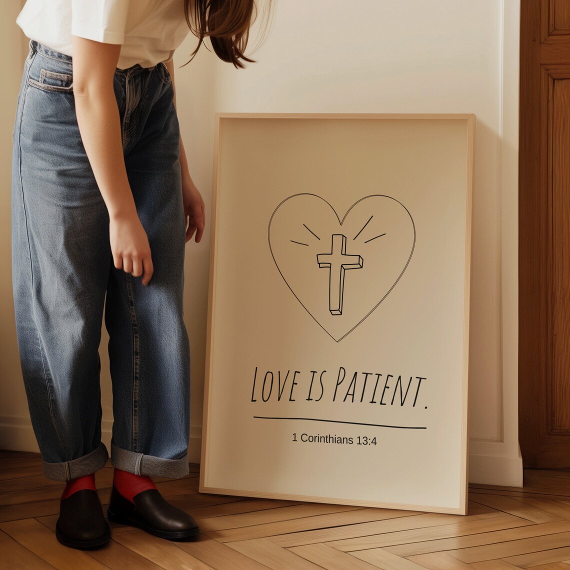 Love Is Patient 1 Corinthians 13:4 Heart Cross Minimalist Poster - Image 2