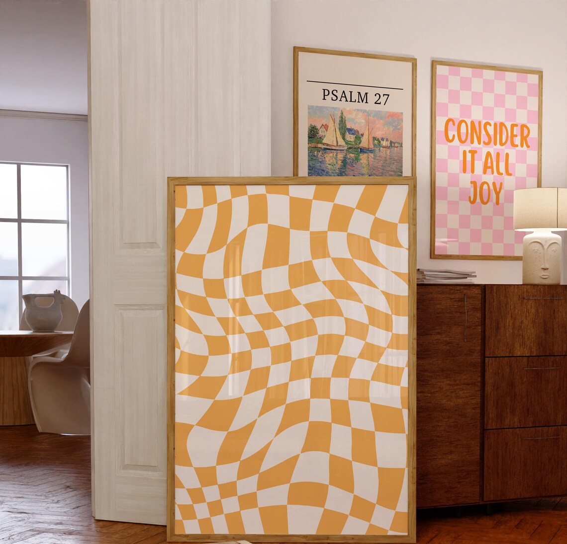 Retro Wall Art Wavy Checkered Orange Poster Trendy Print Art Wall Decor Retro Poster Wall Art Prints - Image 4
