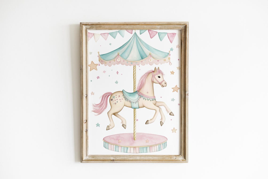 Pink And Blue Carousel Nursery Art Whimsical Print Horse Pastel Printed Shipped Len27a1