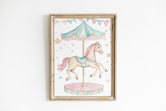 Pastel Carousel Horse Nursery Art Pink Blue Circus Kids Room Poster