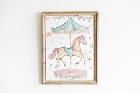 Pink And Blue Carousel Nursery Art Whimsical Print Horse Pastel Printed Shipped Len27a1