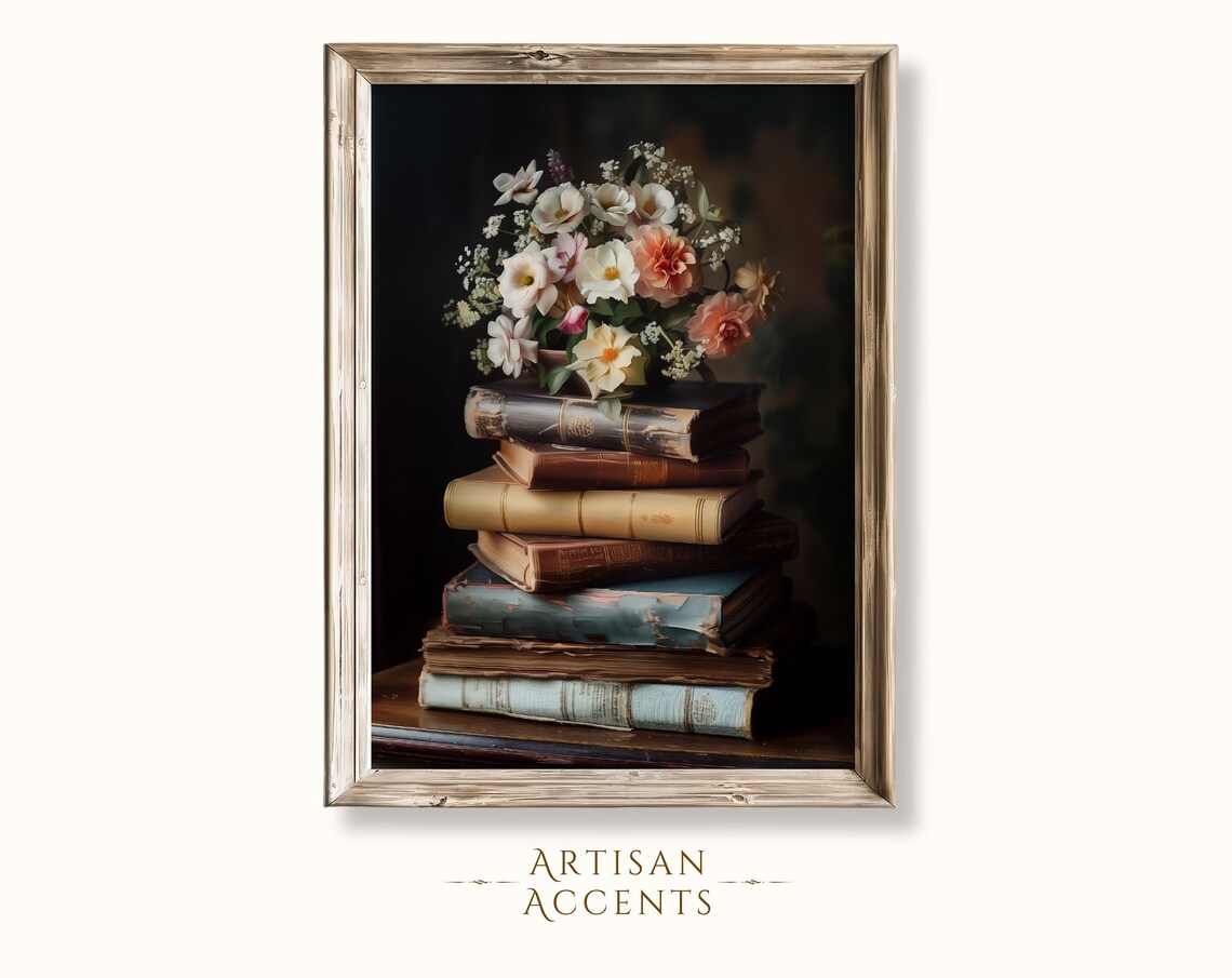Stacked Vintage Books With Spring Wildflowers Book Lover Art Print