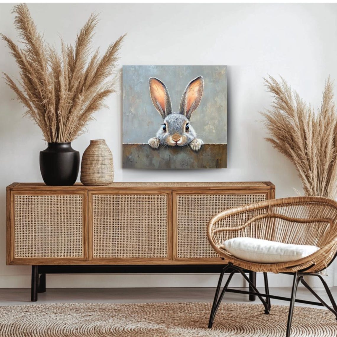 Gray Bunny Peeking Over Ledge Big Ears Cute Nursery Animal Poster