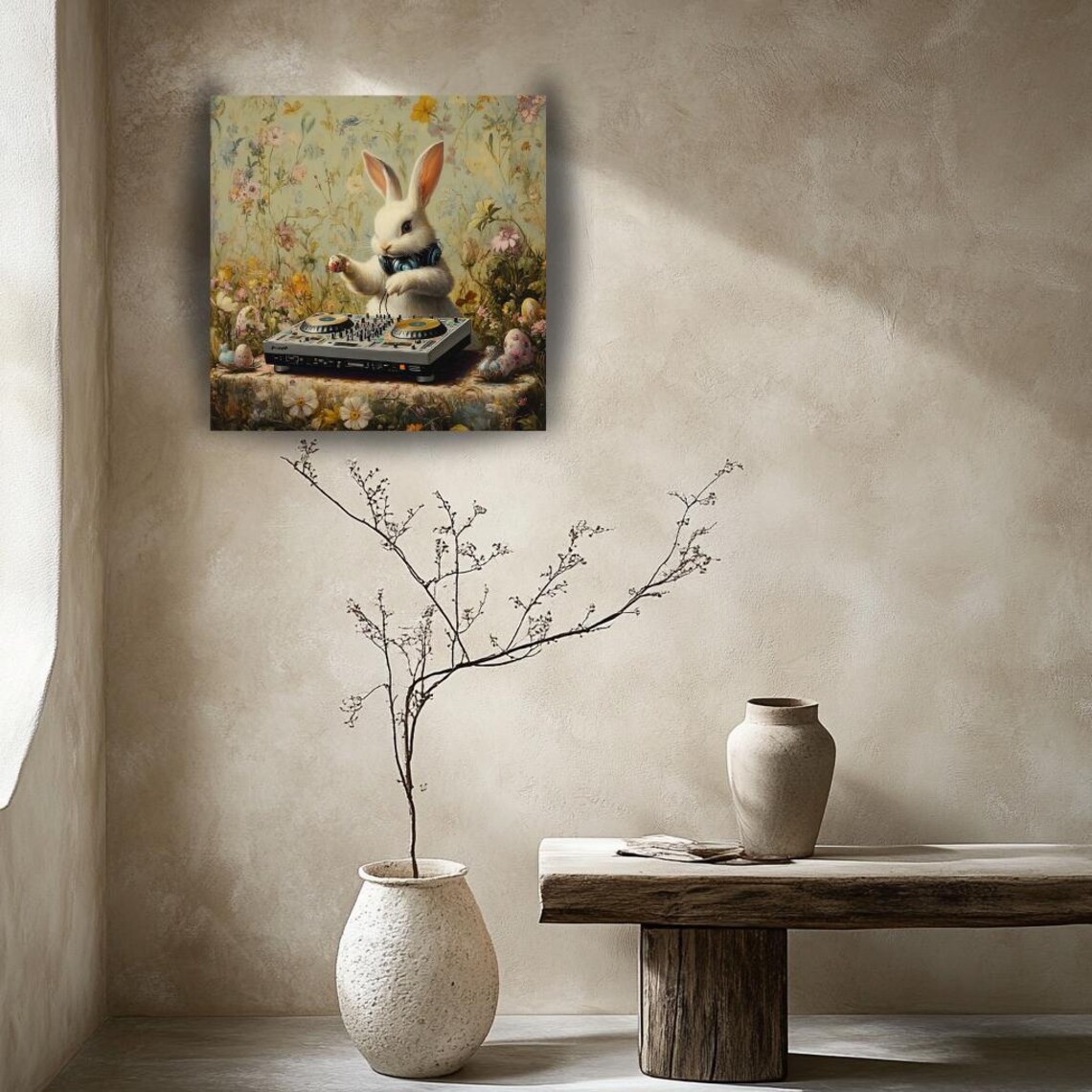 Bunny DJ With Headphones At Turntables Floral Party Animal Art Poster - Image 2