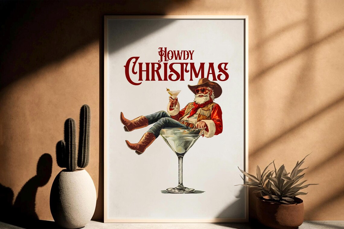 Howdy Christmas Cowboy Santa in Martini Glass Funny Holiday Poster