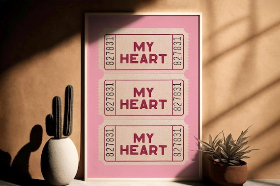 My Heart Ticket Poster Valentines Print Pink Coastal Cowgirl Girly Wall Art Cute Apartment Aestheticpreppy Dorm