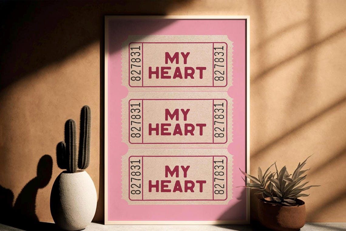 My Heart Pink Background Vintage Ticket Stub Valentine Print Gift
