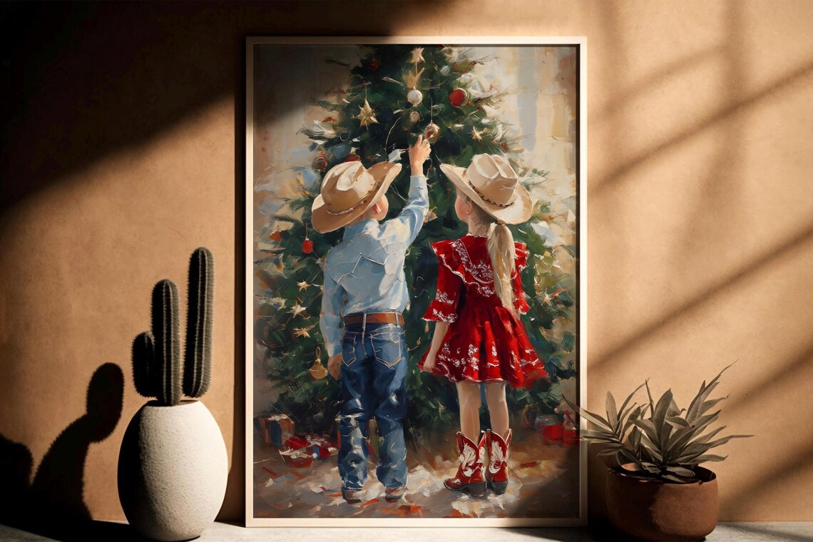 Cowboy Kids Decorating Christmas Tree Sweet Western Holiday Poster