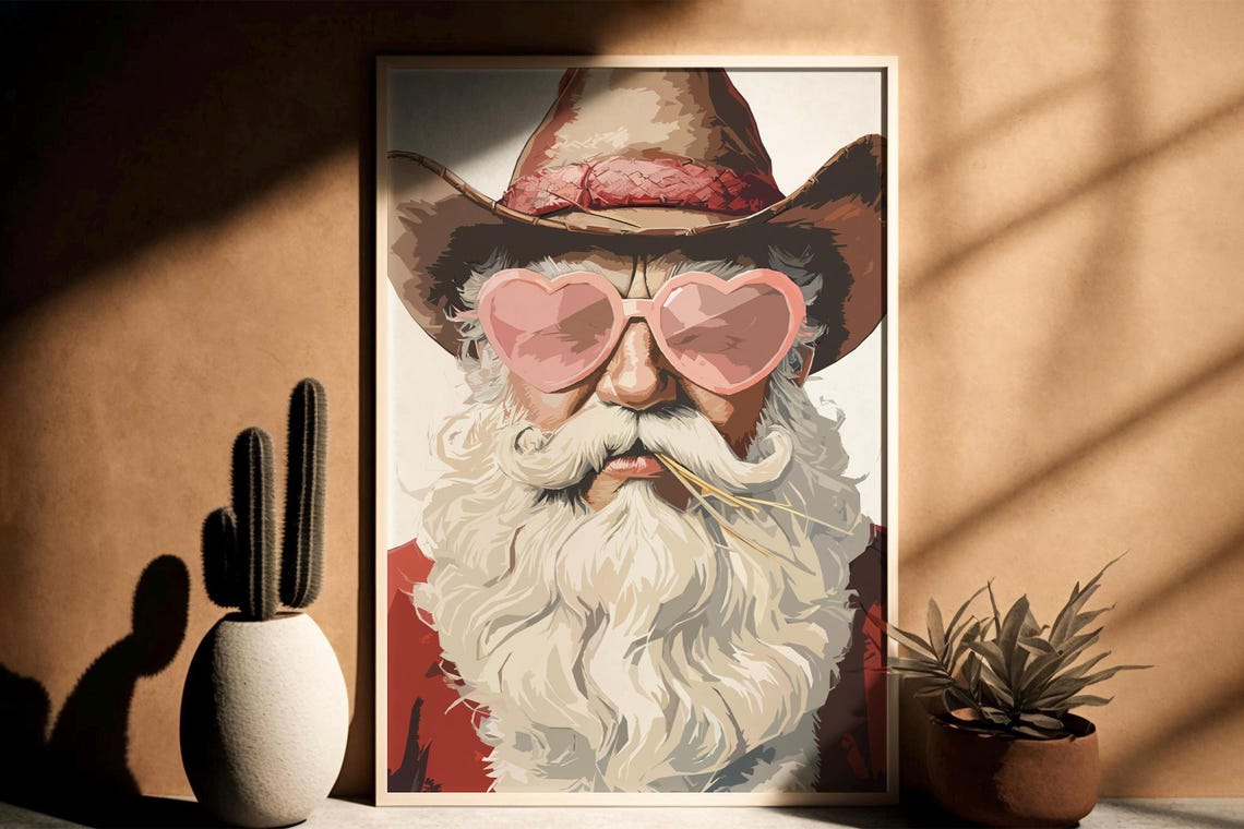 Cowboy Santa with Pink Heart Sunglasses Fun Western Christmas Poster