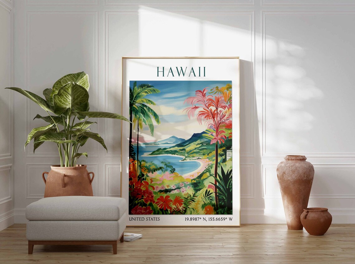 Hawaii Tropical Cove Palm Hibiscus Mountain Watercolor Travel Poster - Image 2