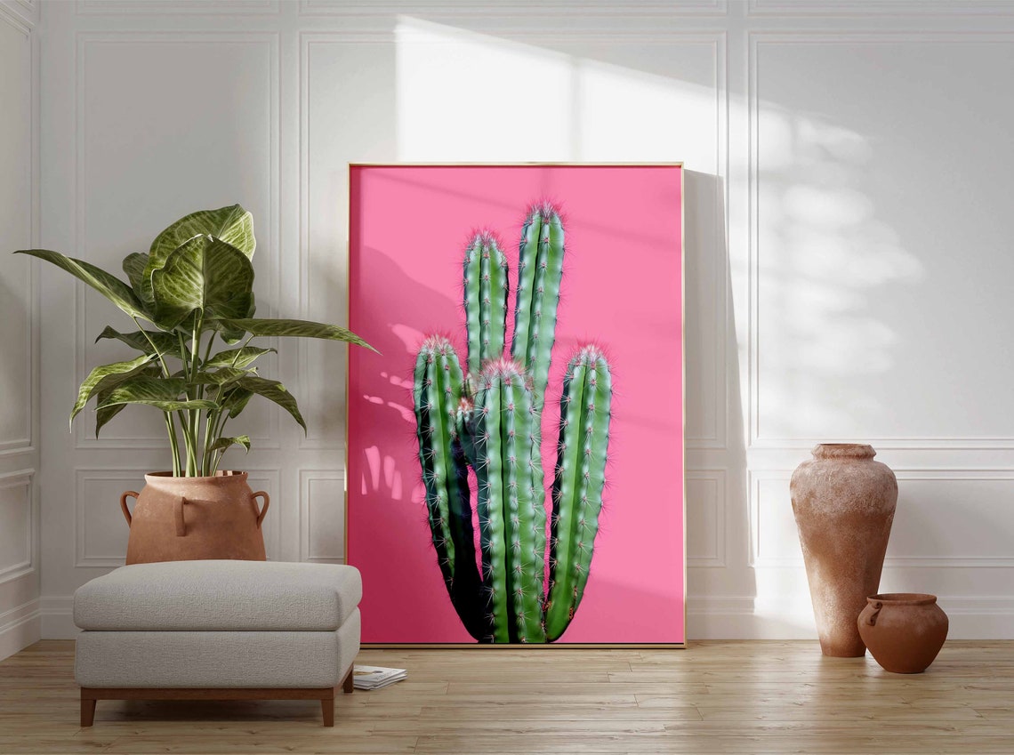 Columnar Cactus on a Bright Pink Background Modern Minimalist Poster - Image 3