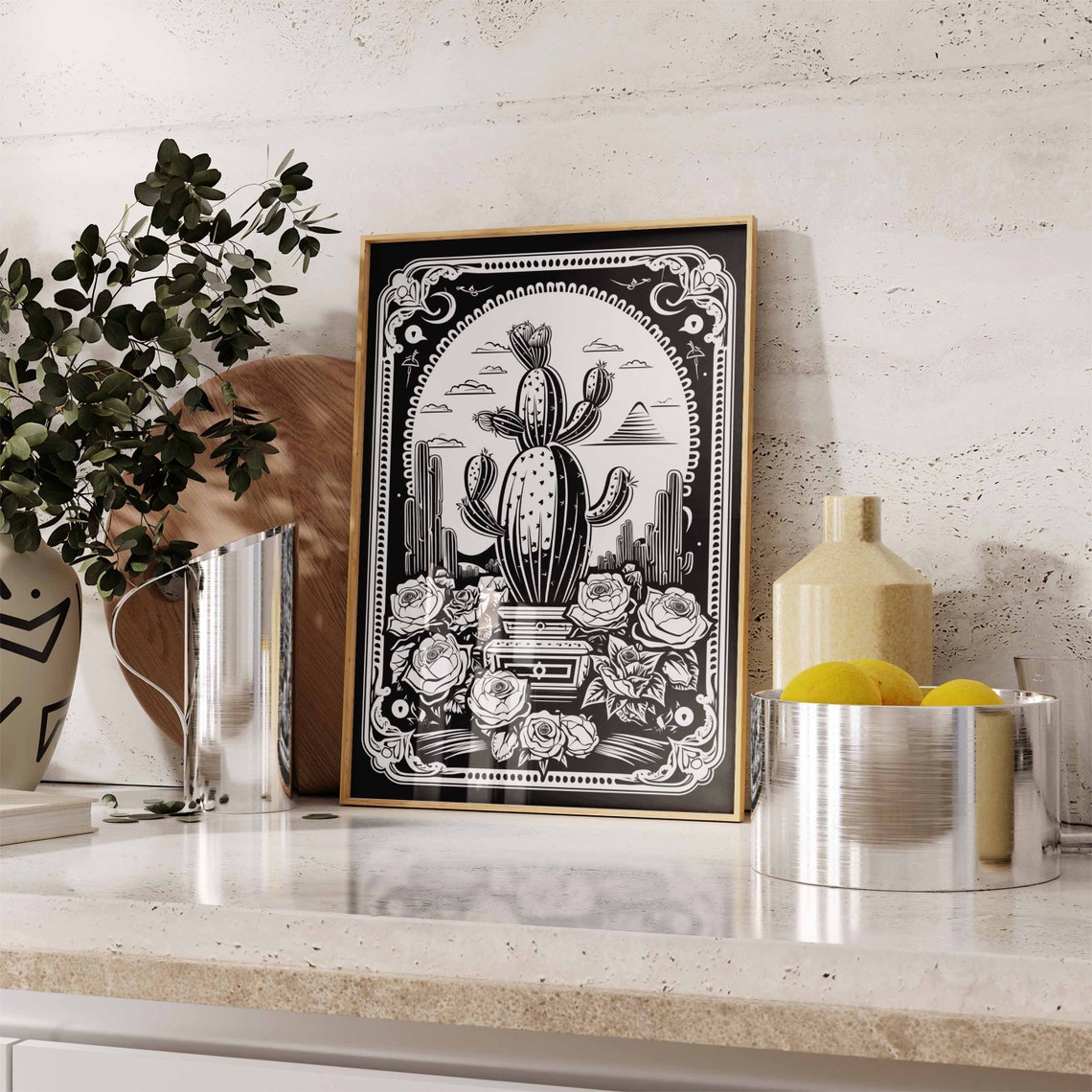 Monochrome Prickly Pear Cactus Roses Linocut Botanical Art Print - Image 2