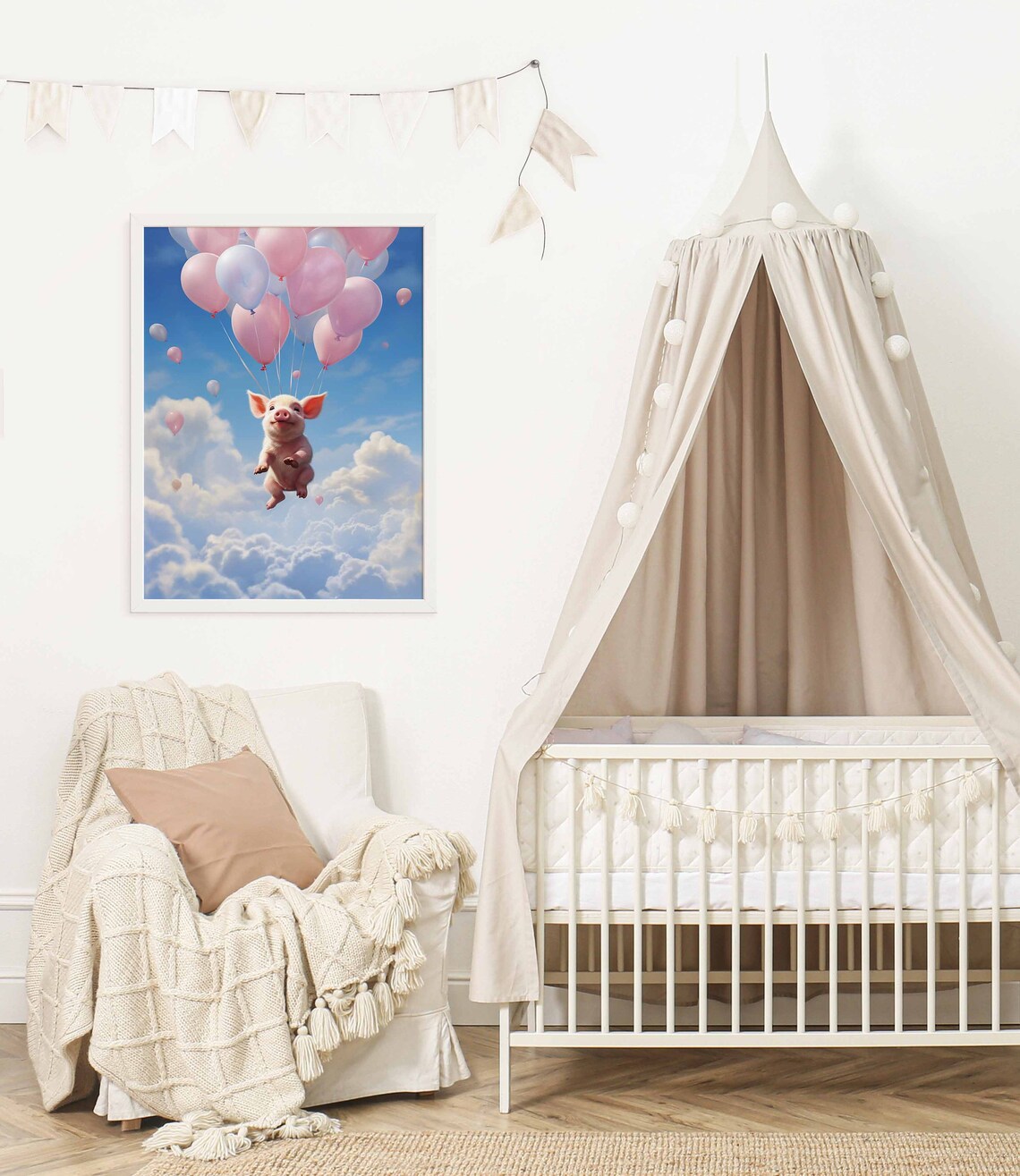 Smiling Little Piglet Flying with Pink Balloons Nursery Poster - Image 2