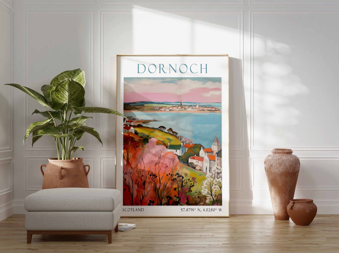 Dornoch Scotland Coastal Town View with Colorful Hillside Poster - Image 2