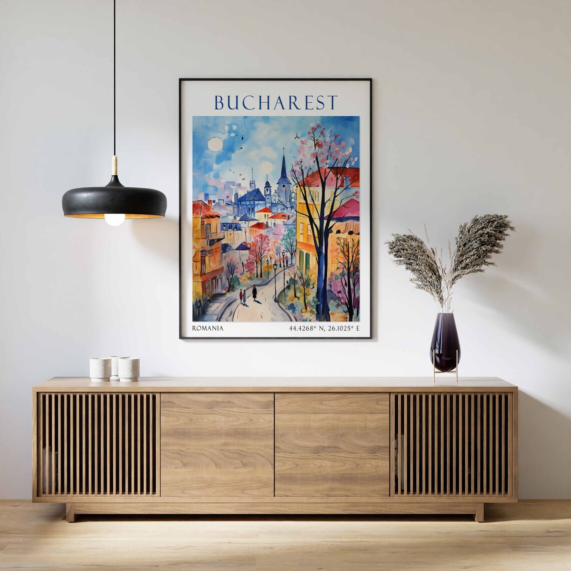 Bucharest Romania Travel Poster Old Street Sunny Watercolor Scene - Image 2