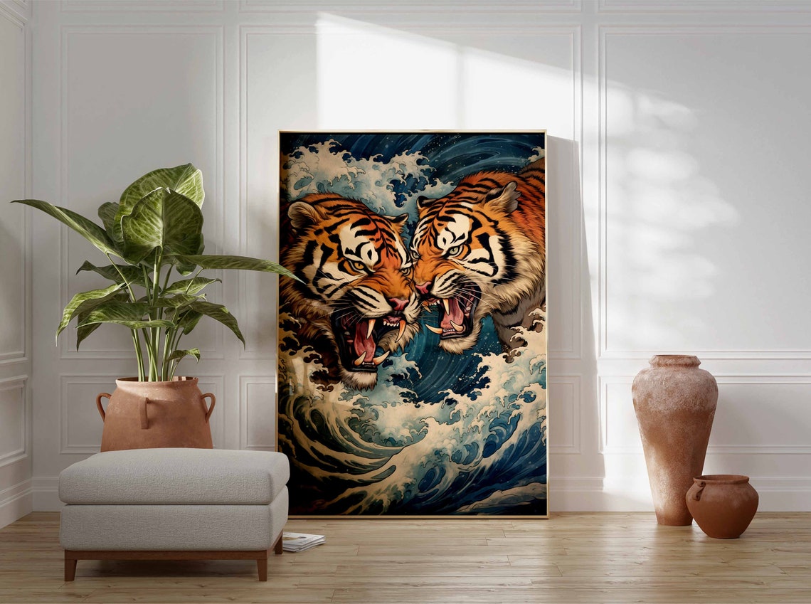 Two Roaring Tigers Japanese Wave Style Dramatic Tiger Poster - Image 2